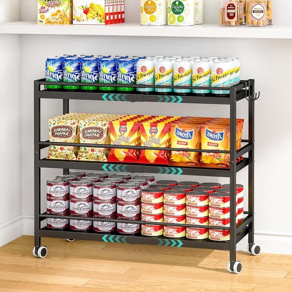 3-Tier Expandable Rolling Pantry Organizer with Wheels, Adjustable Storage Cart, 4 Hooks