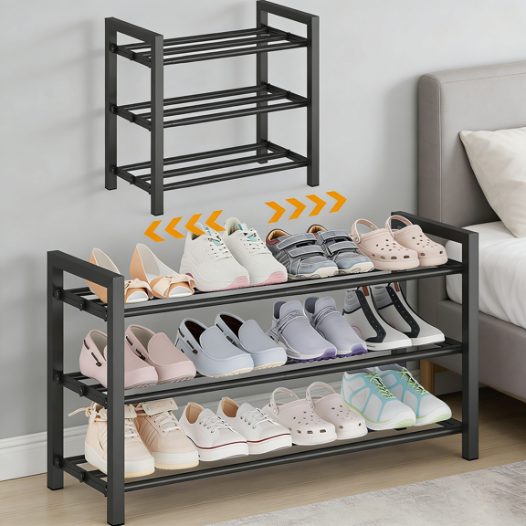 3-Tier Expandable Shoe Rack Adjustable Heavy-Duty Metal Shoe Organizer Shelf for Closet, Entryway, Mudroom & Garage Durable Freestanding Storage, Black