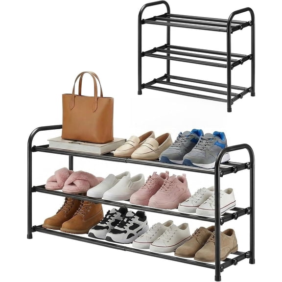 3-Tier Expandable Shoe Rack, Adjustable Shoe Shelf Storage Organizer Durable Metal Free Standing Shoe Rack for Entryway Closet Doorway (Black)