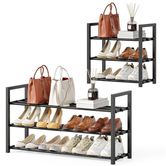 Roylvan 3-Tier Expandable Shoe Rack, 17"-31" Adjustable Shoe Shelf Storage Fits 6-12 Pairs Shoes, Heavy Duty Metal Free Standing Shoe Organizer Rack for Entryway Closet Doorw