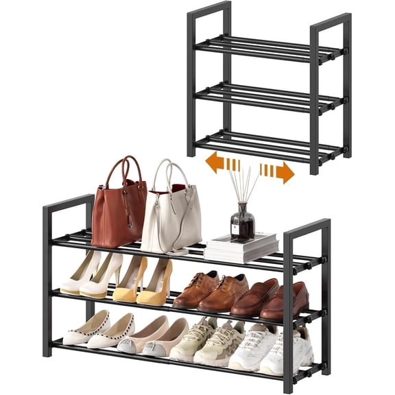 Roylvan 3-Tier Expandable Shoe Rack, 17"-31" Adjustable Shoe Shelf Storage Fits 6-12 Pairs Shoes, Heavy Duty Metal Free Standing Shoe Organizer Rack for Entryway Closet Doorw