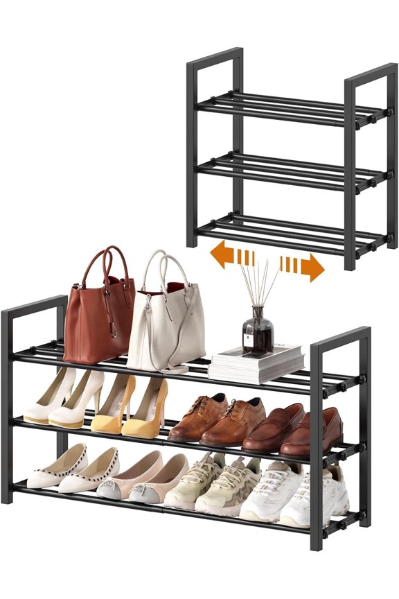 3-Tier Expandable Shoe Rack, 17"-31" Adjustable Shoe Shelf Storage Fits 6-12 Pairs Shoes, Heavy Duty Metal Free Standing Shoe Organizer Rack for Entryway Closet Doorw