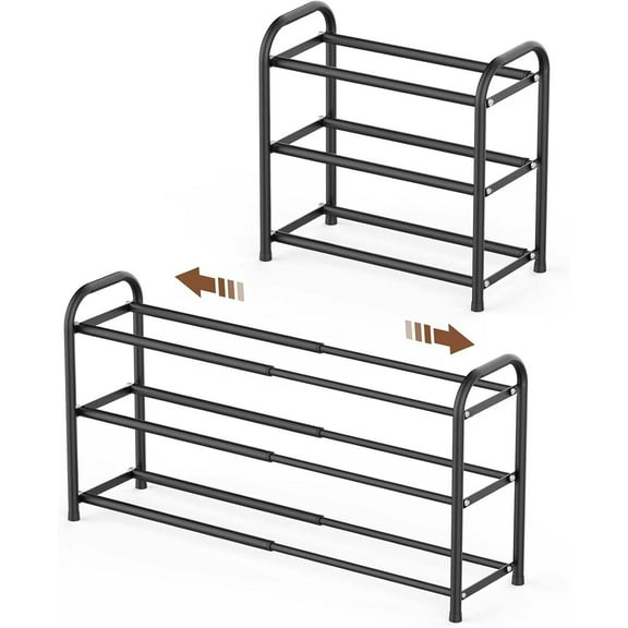 3-Tier Expandable Shoe Rack, Adjustable Shoe Shelf Storage Organizer for Front Door Entrance (Black)
