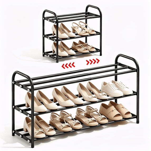 PLUZON Expandable 3-Tier Metal Shoe Rack, Adjustable Storage Shelf for Entryway, Closet & Hallway, Black