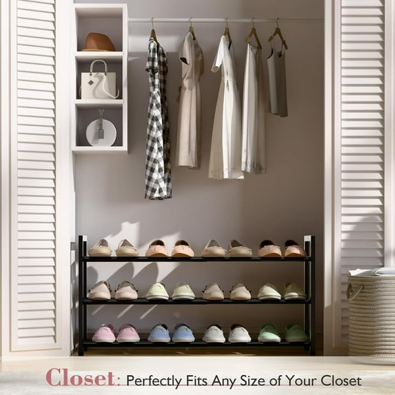 3-Tier Expandable Shoe Rack for Closet, Adjustable 18-33" Black Metal Organizer for Small Space