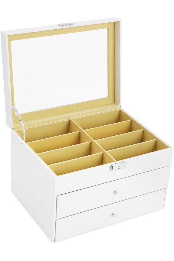 3-Tier Eyeglasses Display Case with 24 Compartments and Lock, Large Capacity Sunglasses Organizer Storage Box with Clear Glass Lid and Drawers(Eyeglass Case,3 layer,24 slot)