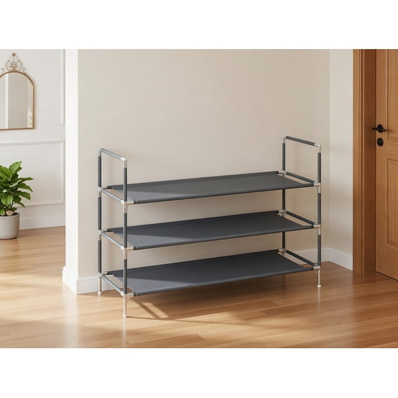 3-Tier Fabric Shoe Organizer Rack - Space-Saving Storage Shelf with Sturdy Metal Frame for Entryway Closet Garage - Holds Up to 12-15 Pairs - Gray - 38.8 x 11 x 22.8 Inches
