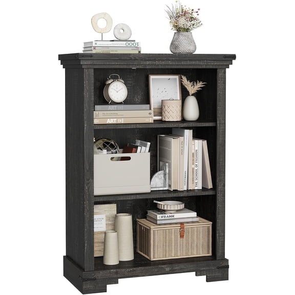 3-Tier Farmhouse Bookshelf, Book Shelf with Open Storage & One Adjustable Shelf, 9.8" D x 26" W x 38" H, Wooden Bookshelf for Study Room, Living Room, Kitchen, Bedroom (Black)