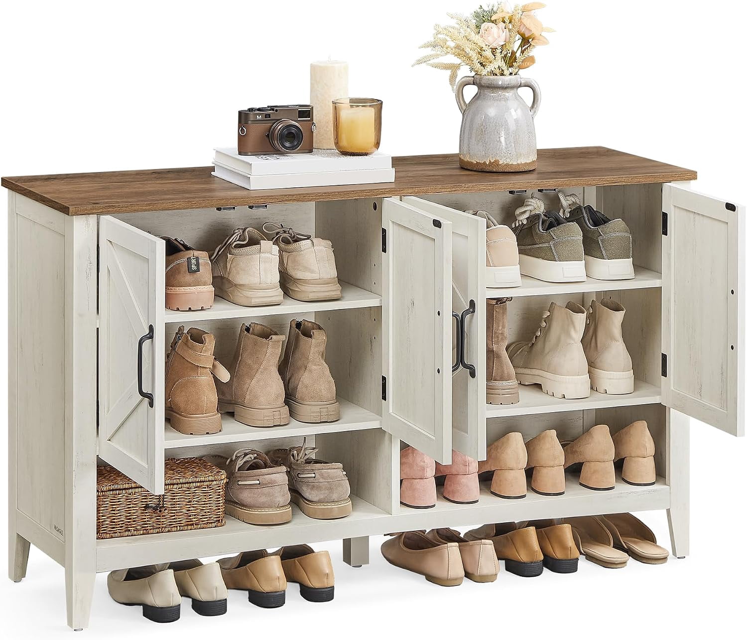 3-Tier Farmhouse Shoe Storage Cabinet with Height-Adjustable Shelves ...