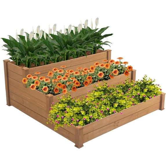 3-Tier Fir Wood Raised Garden Bed Planter for Plants, Vegetables, Outdoor Gardening,Wood Horticulture Raised Garden Bed, Brown