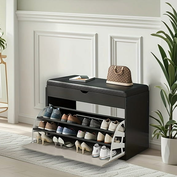3-Tier Flip-Top Shoe Rack with Cushion | Multi-Function Storage Box & Bench | Entryway, Hallway & Bedroom Organizer with Seat Function
