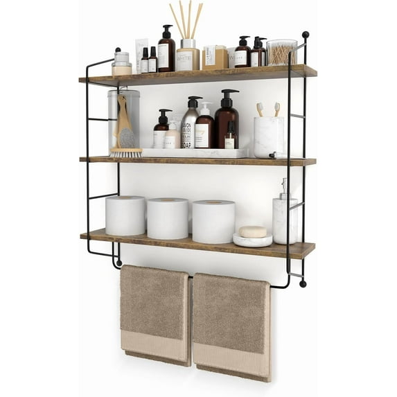 3-Tier Floating Bathroom Shelves for Wall - Wood Wall Storage for Towels, Over The Toilet Storage Cabinet, Gaming Floating Shelves, Bathroom Accessories, and Home Decor (Brown)