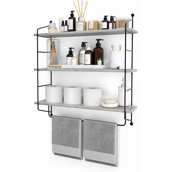 3-Tier Floating Bathroom Shelves for Wall - Wood Wall Storage for Towels, Over The Toilet Storage Cabinet, Gaming Floating Shelves, Bathroom Accessories, and Home Decor (Gray)