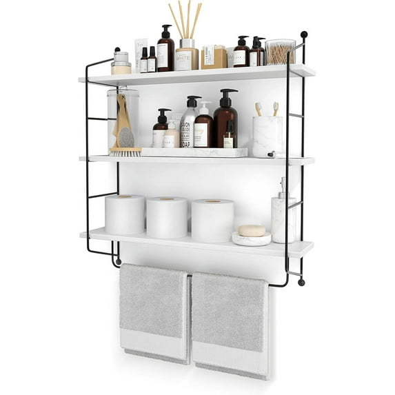 3-Tier Floating Bathroom Shelves for Wall - Wood Wall Storage for Towels, Over The Toilet Storage Cabinet, Gaming Floating Shelves, Bathroom Accessories, and Home Decor (White)