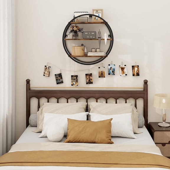 3 Tier Floating Shelves Rustic Brown Wood & Metal Smart Buy Geometric Circle Wall Shelf For Living Room Bathroom Office