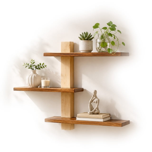 3 Tier Floating Shelves for Wall, Solid Wood Wall Mounted Shelves ...