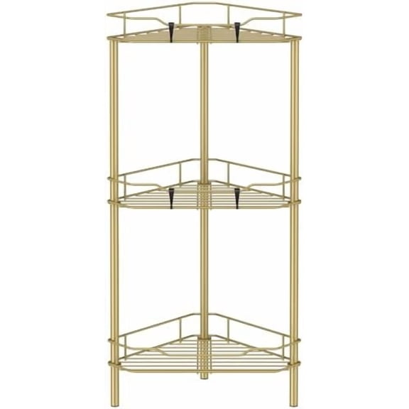 3 Tier Floor Standing Corner Shower Caddy Organizer Shelf with Hooks, Bathroom Shelves Stand Rack, Gold