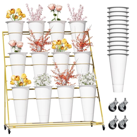 3-Layer Gold Metal Vertical Flower Display Stand, 12 White Buckets Flower Cart, Mobile for Indoor Plants, Wedding, Office