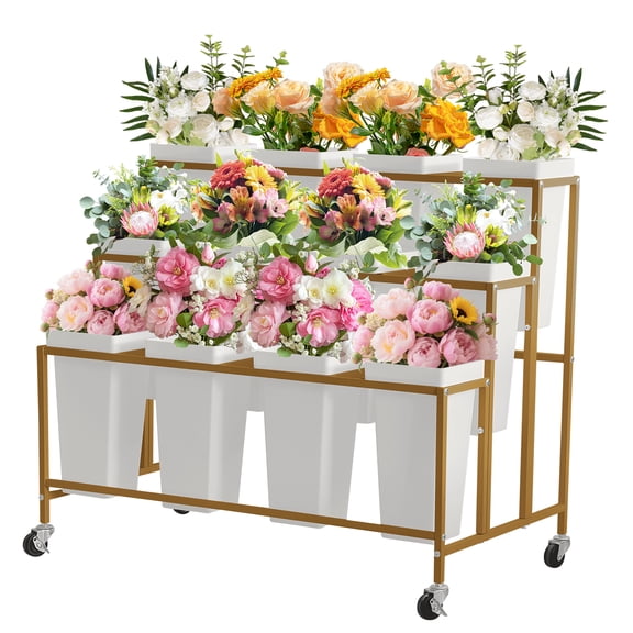 3-Tier Flower Cart Display Stand – Heavy-Duty Movable Plant Shelf with 12 Buckets