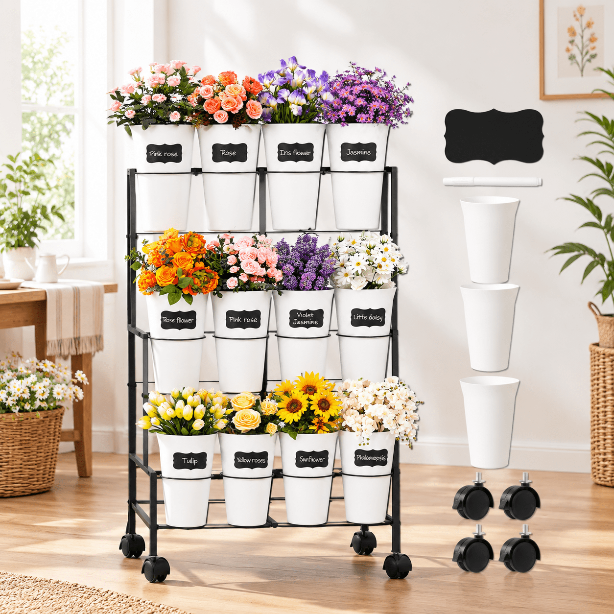 3-Tier Flower Display Cart with 12 Buckets, Black Metal Plant Stand ...