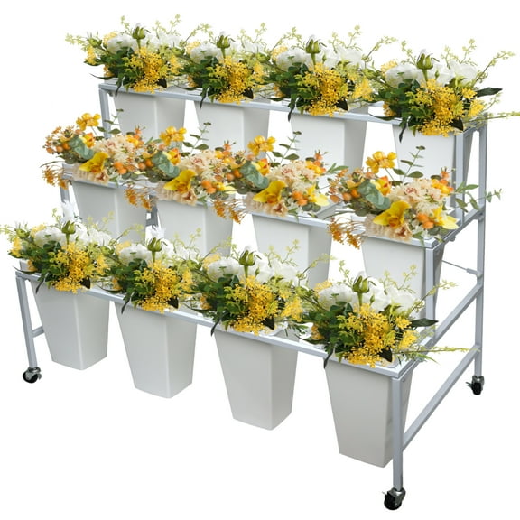 3-Tier Flower Display Shelf, Metal Frame, 12 White Buckets, for Schools Laboratories Outdoor Gardens