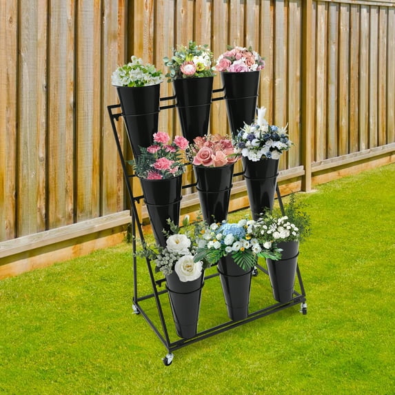 3-Tier Flower Display Stand, 9 Black PP Buckets with 4 Locking Wheels, 55lbs Load Capacity, for Florist Shop and Wedding
