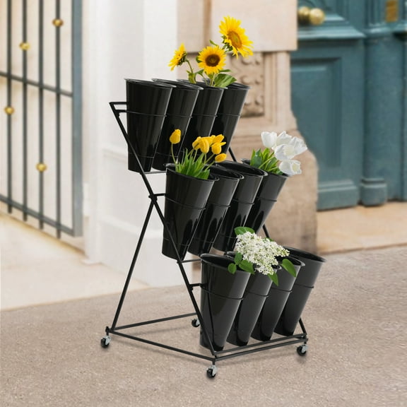 3-Tier Flower Display Stand with 12 Buckets - 66lb Capacity Mobile Plant Rack for Florists & Home Decor (Black, 39.3x43.3in)