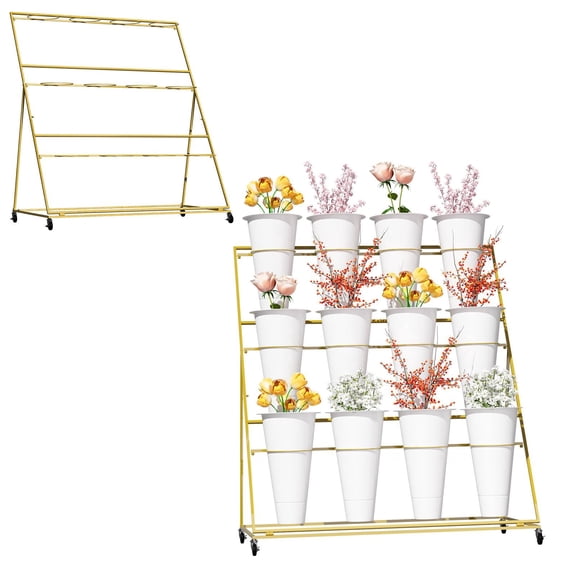 3 Tier Flower Display Stand with 12 Buckets,Plant Rack with Locking Wheels, Mobile Flower Stand for Lawn & Garden