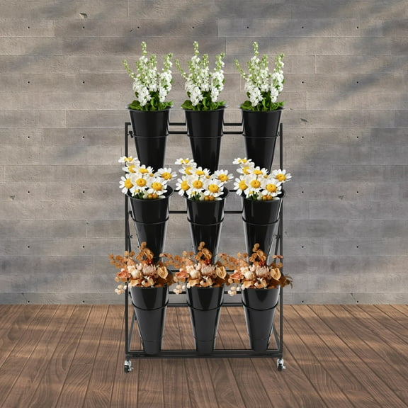 3-Tier Flower Display Stand with 9 Buckets - 55lb Capacity Rolling Plant Rack for Florists, Weddings & Home Decor (Black)