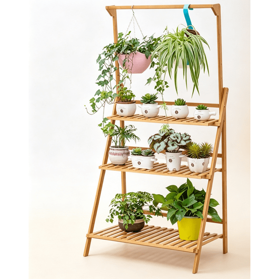 3 Tier Foldable Bamboo Ladder Plant Stand with Hanging Bar, Indoor Outdoor Flower Display Storage Rack