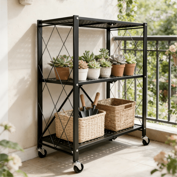 3-Tier Foldable Book Shelf with Wheels - Metal Rolling Storage Shelf for Kitchen Office Pantry