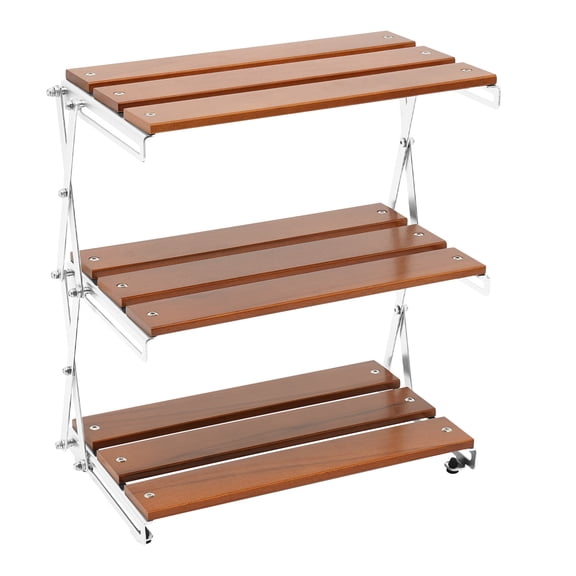 3-Tier Foldable Camping Storage Rack, Wood & Carbon Steel Multi-Function Desktop organizing Rack, for Picnic Camping Kitchen Bathroom Home Storage