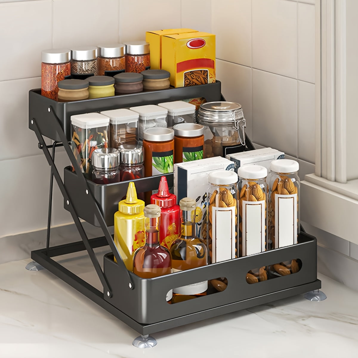 Kitchen Rack Rail 3-Tier Foldable Cast Iron Spice Rack Organizer with Safety Rails, Space ...