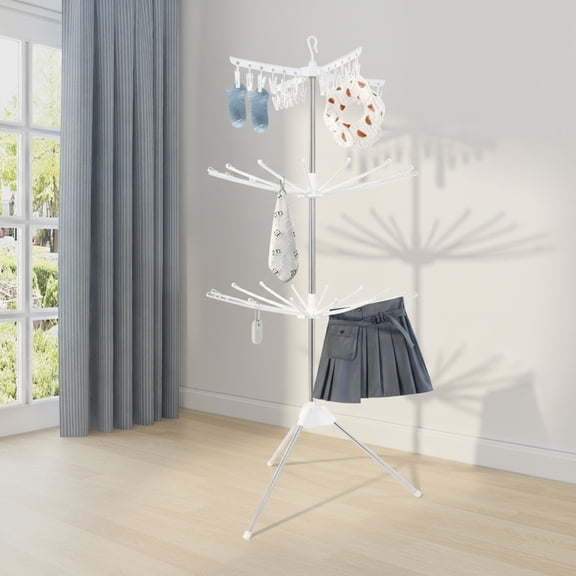 3-Tier Foldable Clothes Drying Rack, Rotating Clothing Rack w/Three-Legged Base, 24 Clips Large Capacity Indoor Clothes Airer for Scarves, Towels, Socks, Underwear