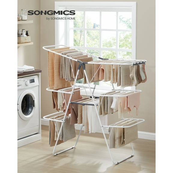 3-Tier Foldable Clothes Drying Rack with 39 Rails and 27 Clips, Height-Adjustable Wings, Free-Standing Laundry Rack, White and Gray