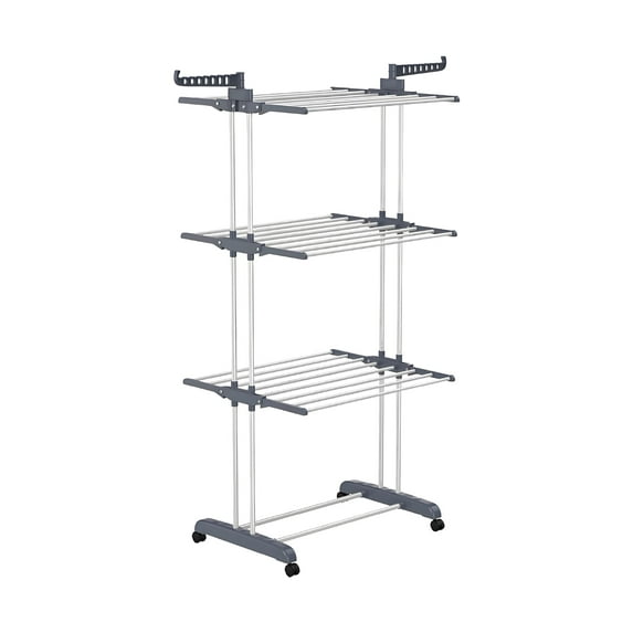 3-Tier Foldable Clothes Drying Rack with Wheels, 77 lb Capacity, Gray