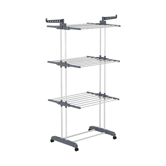 3-Tier Foldable Clothes Drying Rack with Wheels, 77 lb Capacity, Gray