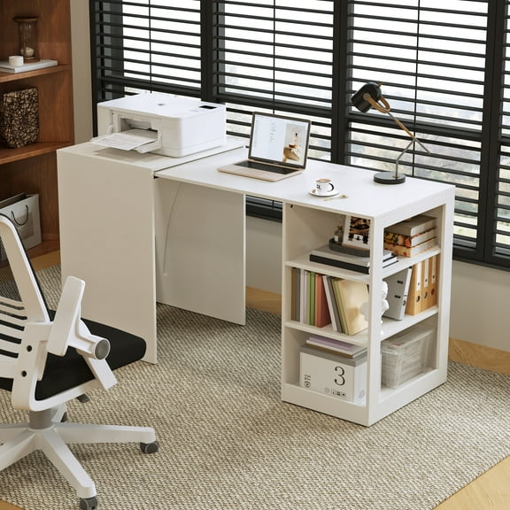 3-Tier Foldable Desk with Wheels, Multipurpose Rolling Computer Table for Home Office, Space-Saving Pull Out Desk for Small Spaces, Kitchen, Bedroom, White