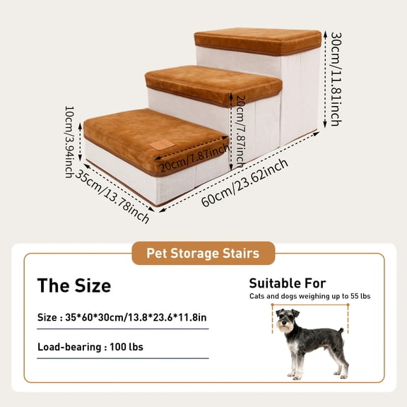 3-Tier Foldable Dog Stairs with Non-Slip Surface, Nylon Pet Ramp for Small to Extra Small Breeds, Ideal for High Beds and Sofas, Brown and White Upholstery