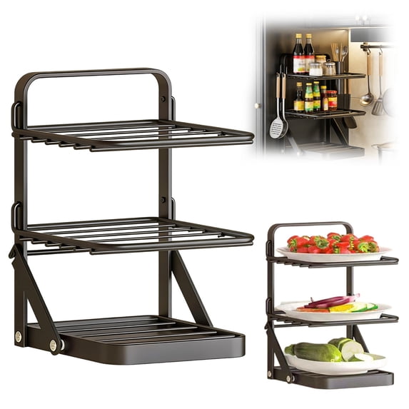 3-Tier Foldable Food Prep Station, Gold Metal Collapsible Kitchen Organizer Rack, Multi-Layer Countertop Serving Stand for Cooking, BBQ & Parties(B)