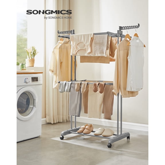 3-Tier Foldable Laundry Drying Rack, 58.3-Inch Tall with Wheels, 55lb Capacity, Rolling Clothes Horses, Indoor Outdoor Use, Dove Gray