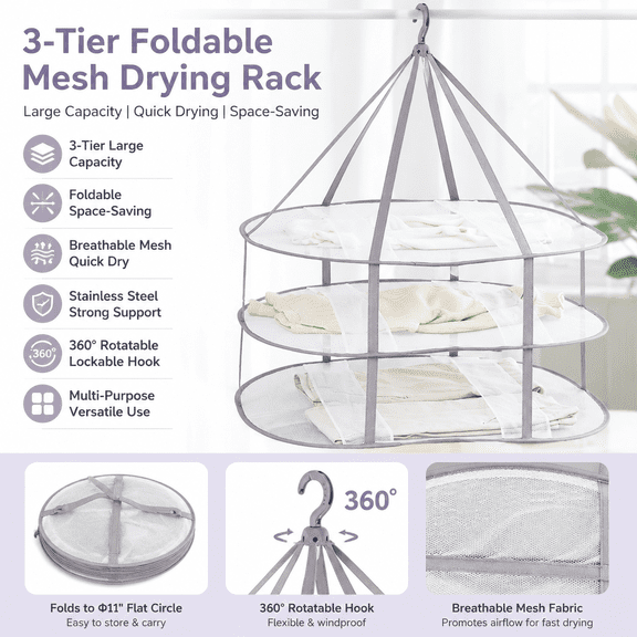 3-Tier Foldable Mesh Hanging Sweater Drying Rack, Collapsible Laundry Drying Net, Space-Saving Clothes Air Dryer, 30.3'' L x 24.5'' W x 30.7'' H