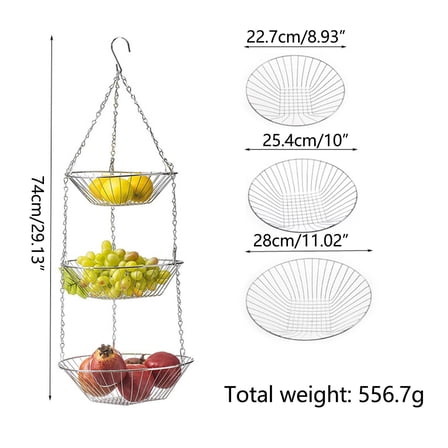 3-Tier Foldable Metal Hanging Basket - 29-Inch Rustproof Kitchen Storage Organizer for Fruits, Vegetables - Space-Saving Design for Home, Store, Supermarket