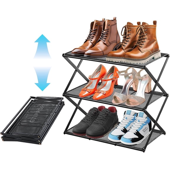 3 Tier Foldable Metal Shoe Rack X Shape Black