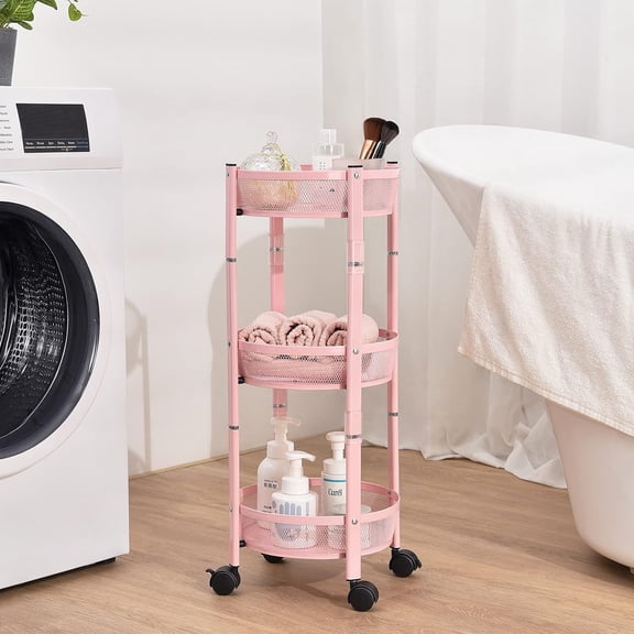 3-Tier Foldable Metal Storage Rolling Cart, Collapsible Utility Cart, No Assemble, Multifunction Organizer Trolley with Lockable Wheels for Kitchen, Living Room, Bathroom, Pink
