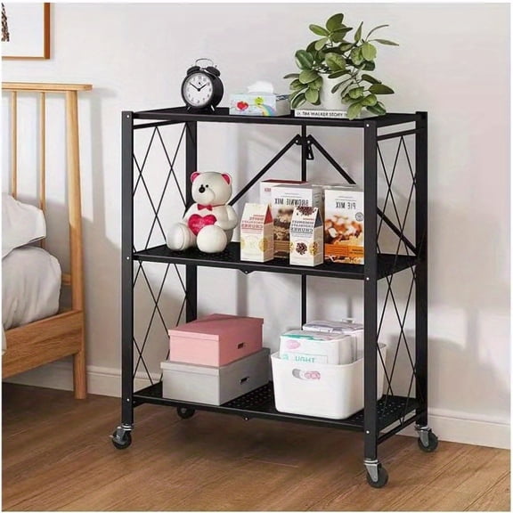 3-Tier Foldable Metal Storage Shelf Unit with Wheels, Collapsible Rolling Cart for Books, Kitchen, Office, Pantry, or Closet Organization