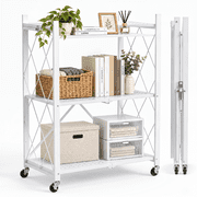 3-Tier Foldable Metal Storage Shelves, No-Assembly Folding Frame and Rolling Storage Rack for Kitchen, Pantry and Small Apartments, White