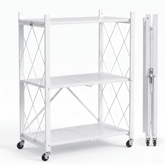 3-Tier Foldable Metal Storage Shelves, No-Assembly Folding Frame and Rolling Storage Rack for Kitchen, Pantry and Small Apartments, White
