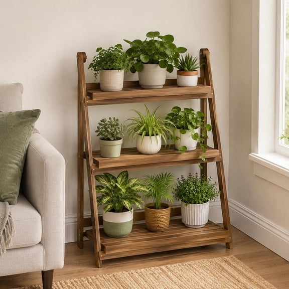 3-Tier Foldable Plant Stand Wooden Ladder Display Shelf A-Frame Storage Rack for Indoor Outdoor Living Room Patio, Brown
