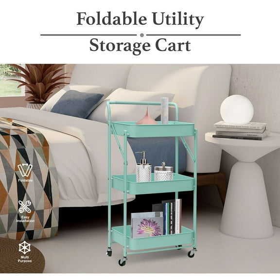 3 Tier Foldable Plastic Rolling Storage Utility or Kitchen Cart,Folding Mobile Trolley Storage Organizer with Wheels for Office Bathroom Bedroom,Free Assembly,Green